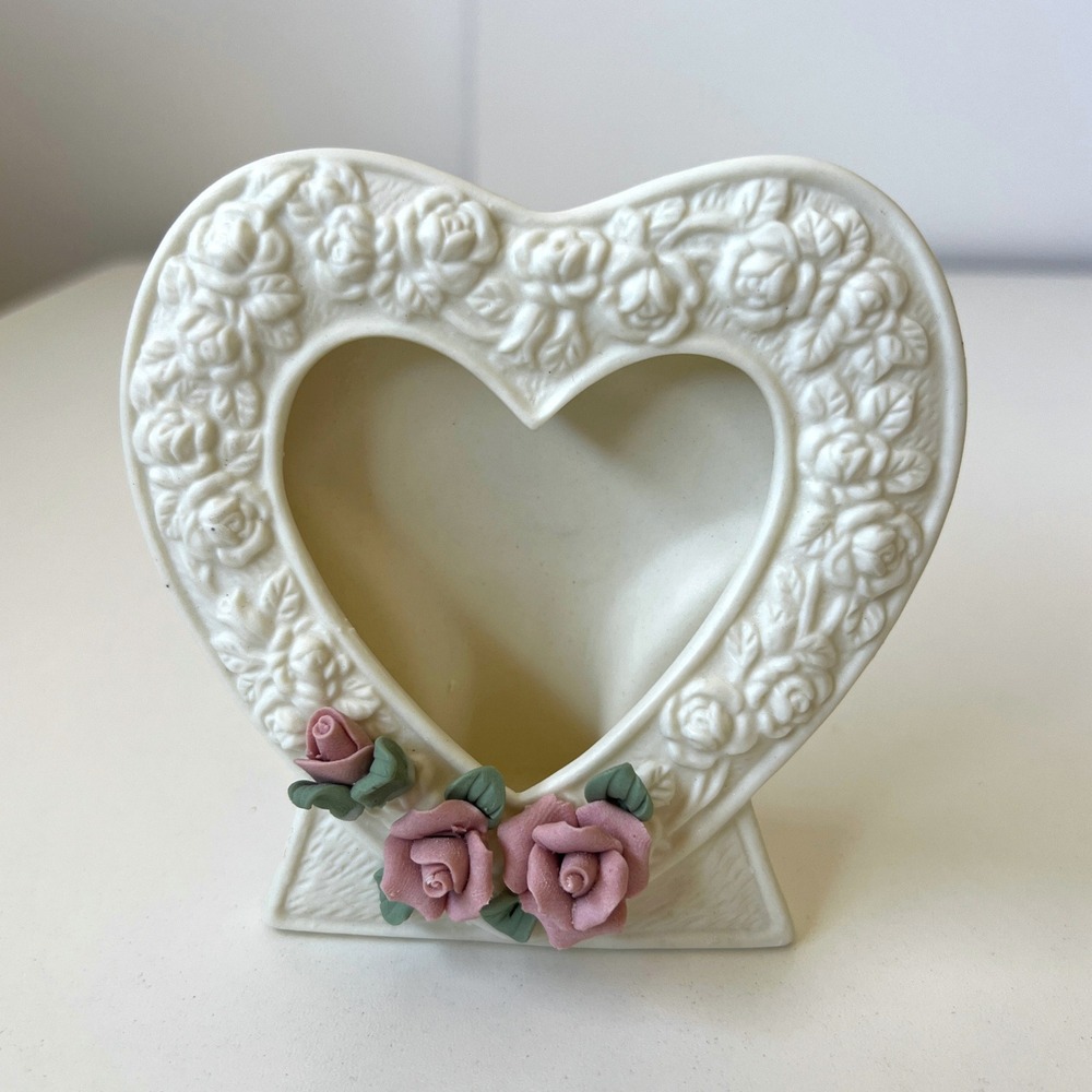 Vintage Estate Manor Porcelain Heart Photo Frame Pink Roses Floral